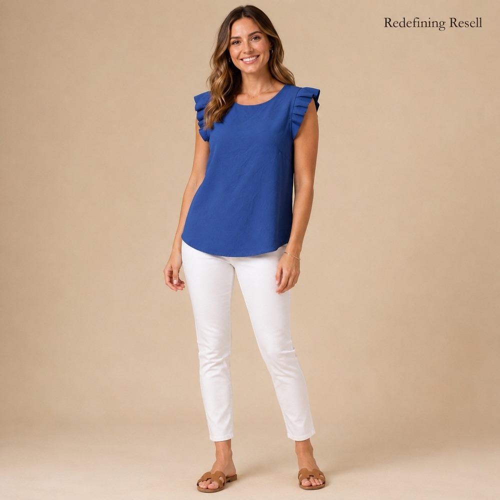 Monteau Los Angeles Royal Blue Ruffle Sleeve Keyhole Back Blouse Top Medium